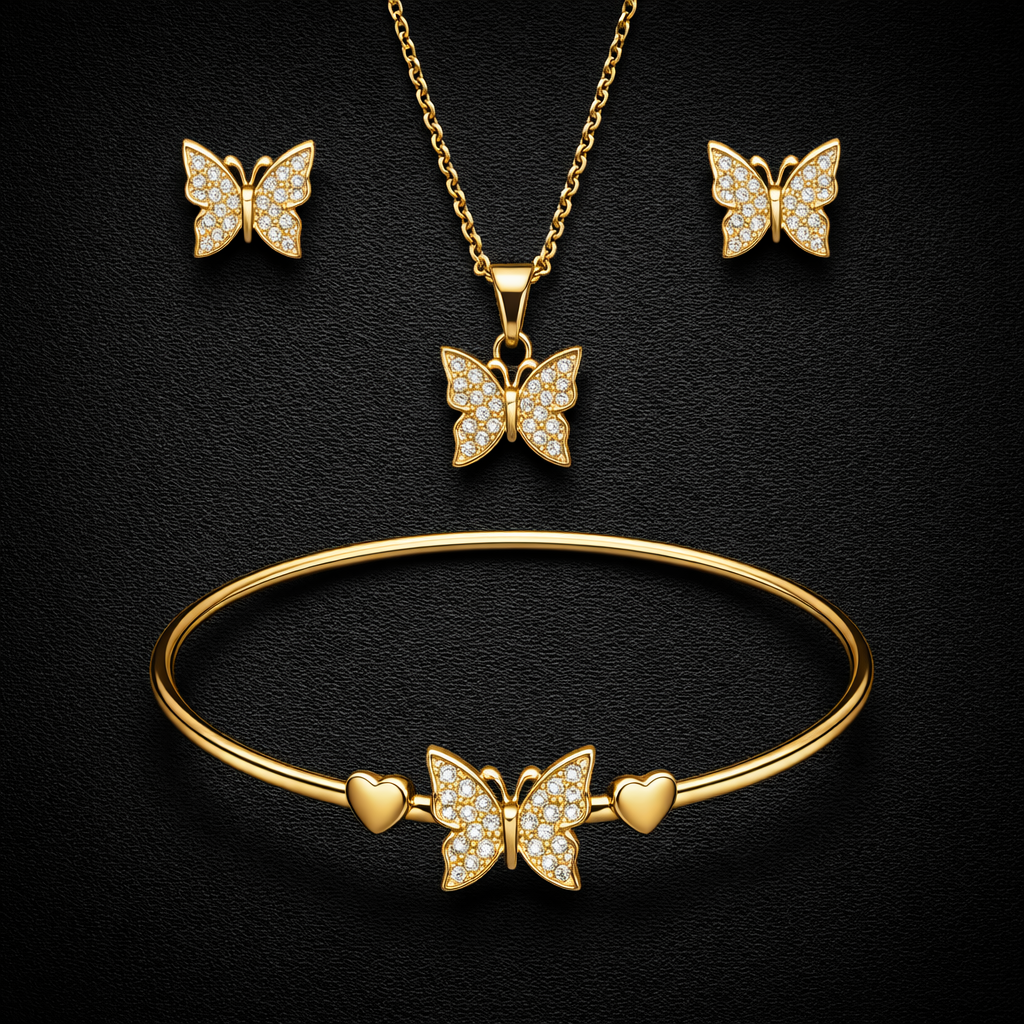 Golden Butterfly Jewelry Set – Necklace, Earrings & Bracelet