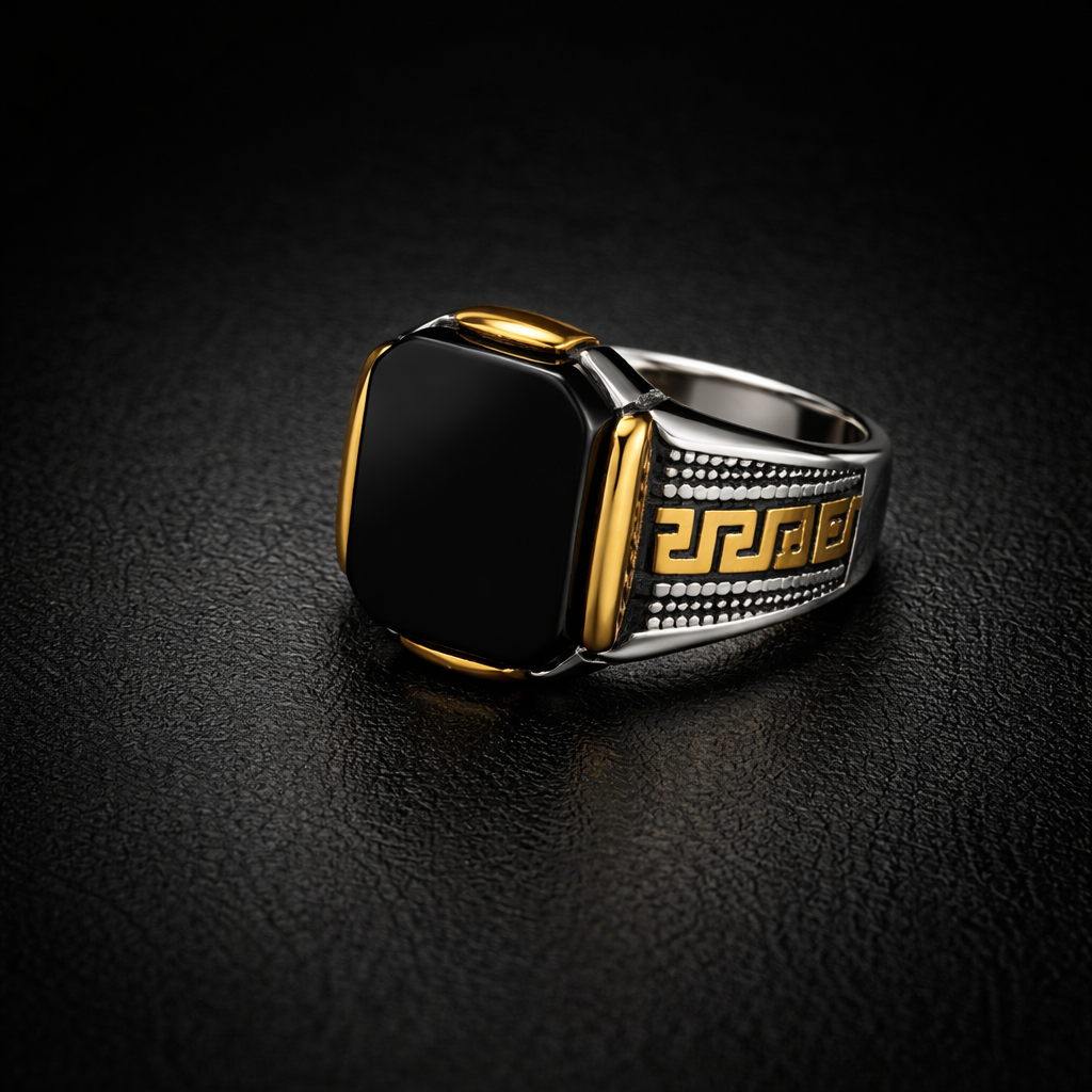 Turkish Style Black Signet Ring with Gold Accents in Universal Size