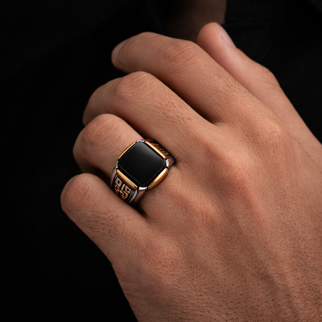 Turkish Style Black Signet Ring with Gold Accents in Universal Size