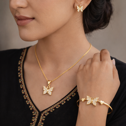 Golden Butterfly Jewelry Set – Necklace, Earrings & Bracelet