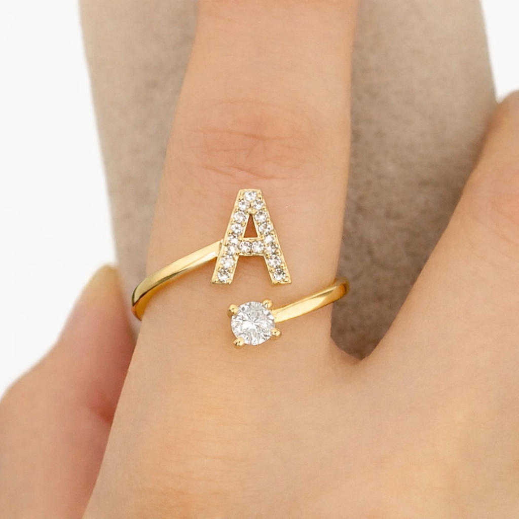 Premium Golden Alphabet Zircon Ring in Adjustable Size