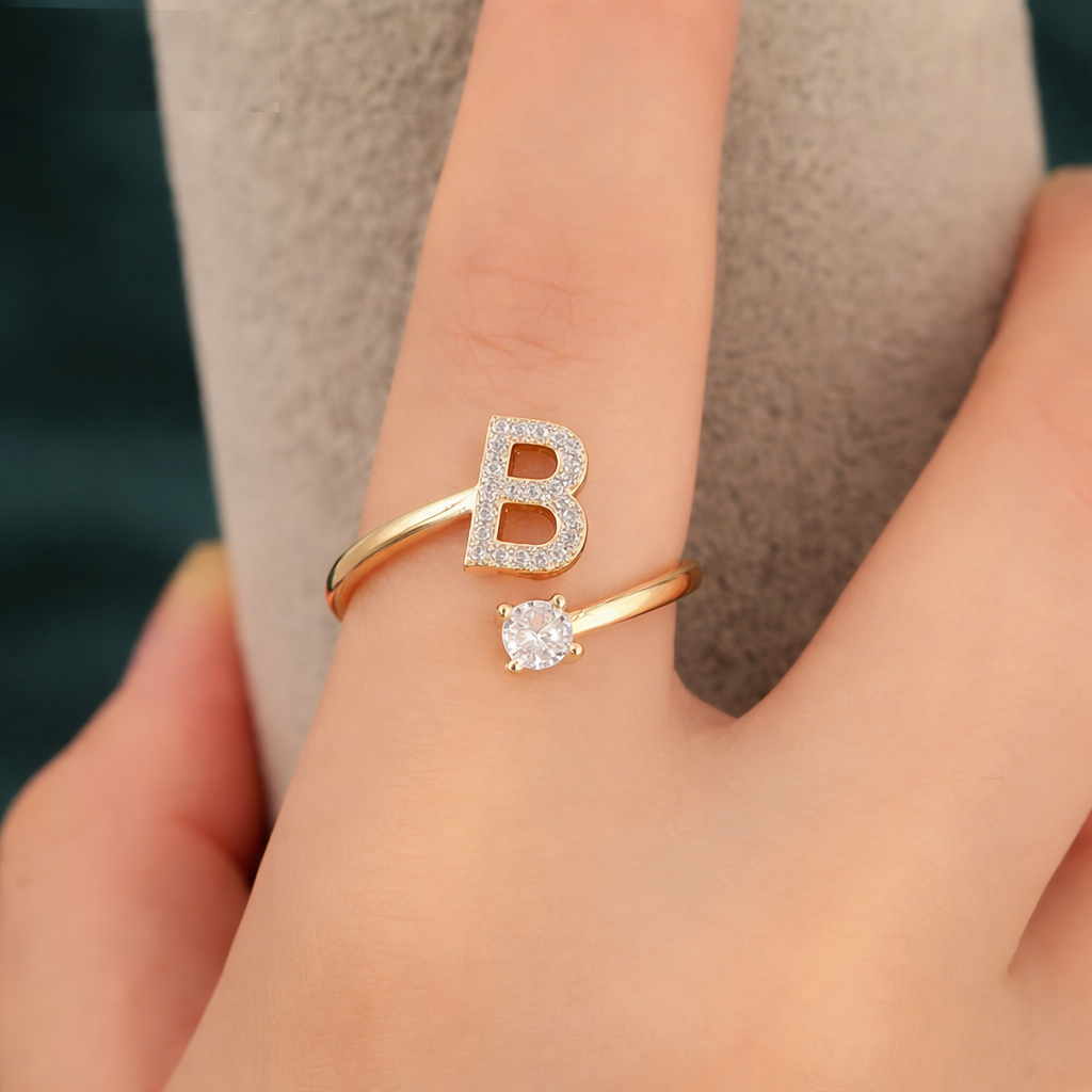 Premium Golden Alphabet Zircon Ring in Adjustable Size