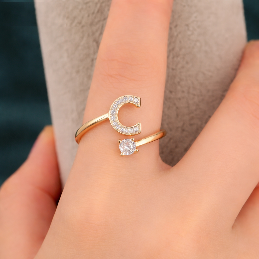 Premium Golden Alphabet Zircon Ring in Adjustable Size