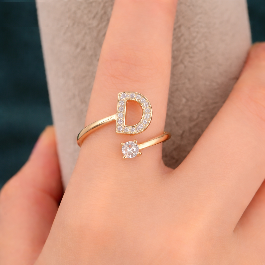 Premium Golden Alphabet Zircon Ring in Adjustable Size
