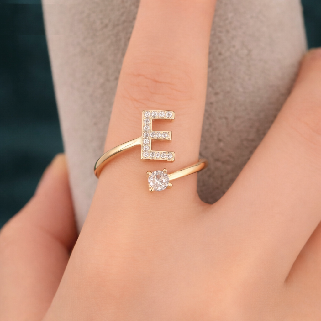Premium Golden Alphabet Zircon Ring in Adjustable Size