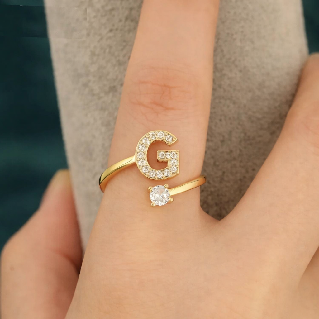 Premium Golden Alphabet Zircon Ring in Adjustable Size