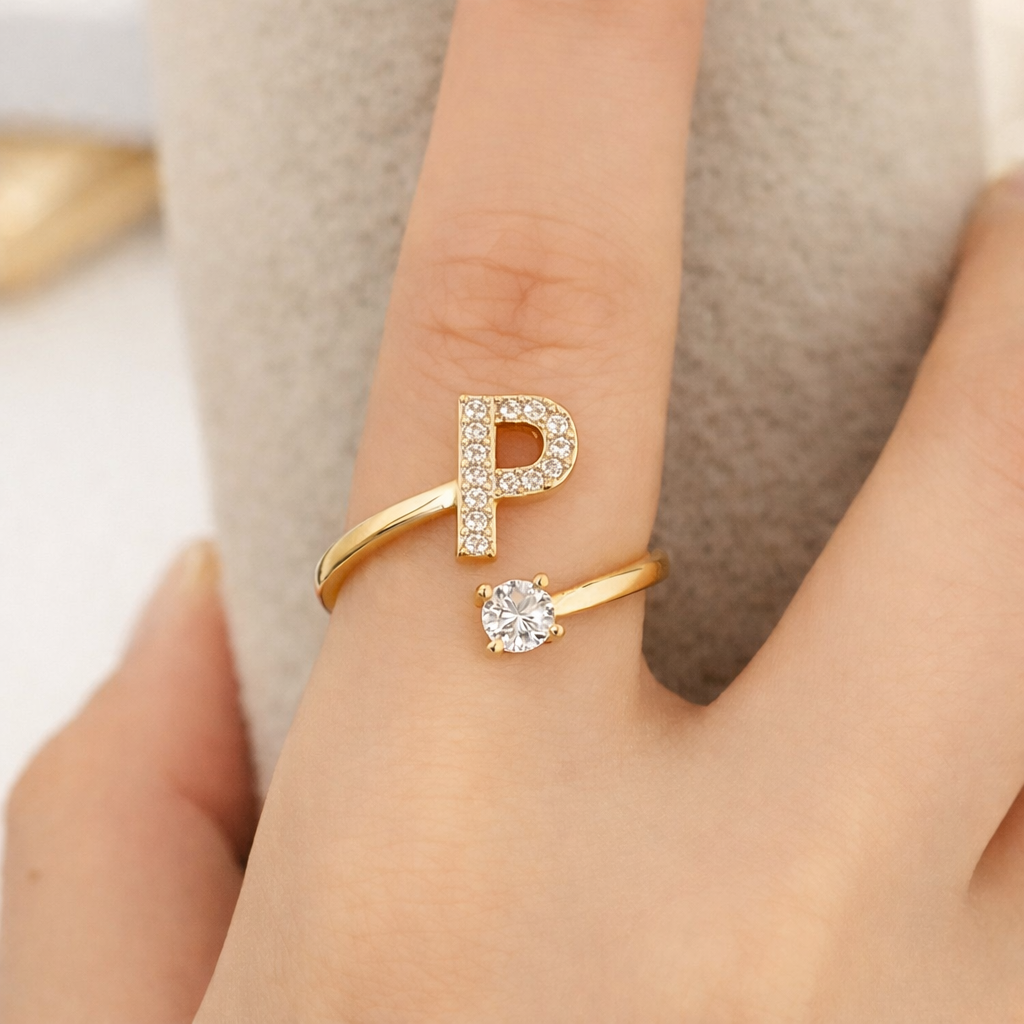 Premium Golden Alphabet Zircon Ring in Adjustable Size
