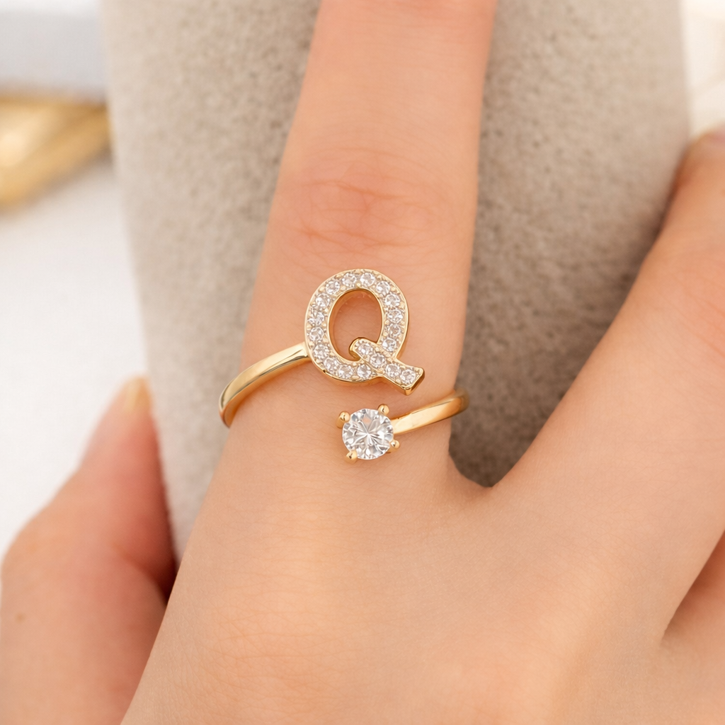 Premium Golden Alphabet Zircon Ring in Adjustable Size