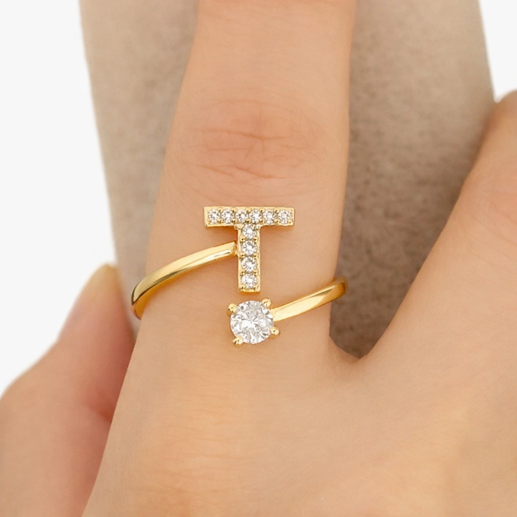 Premium Golden Alphabet Zircon Ring in Adjustable Size