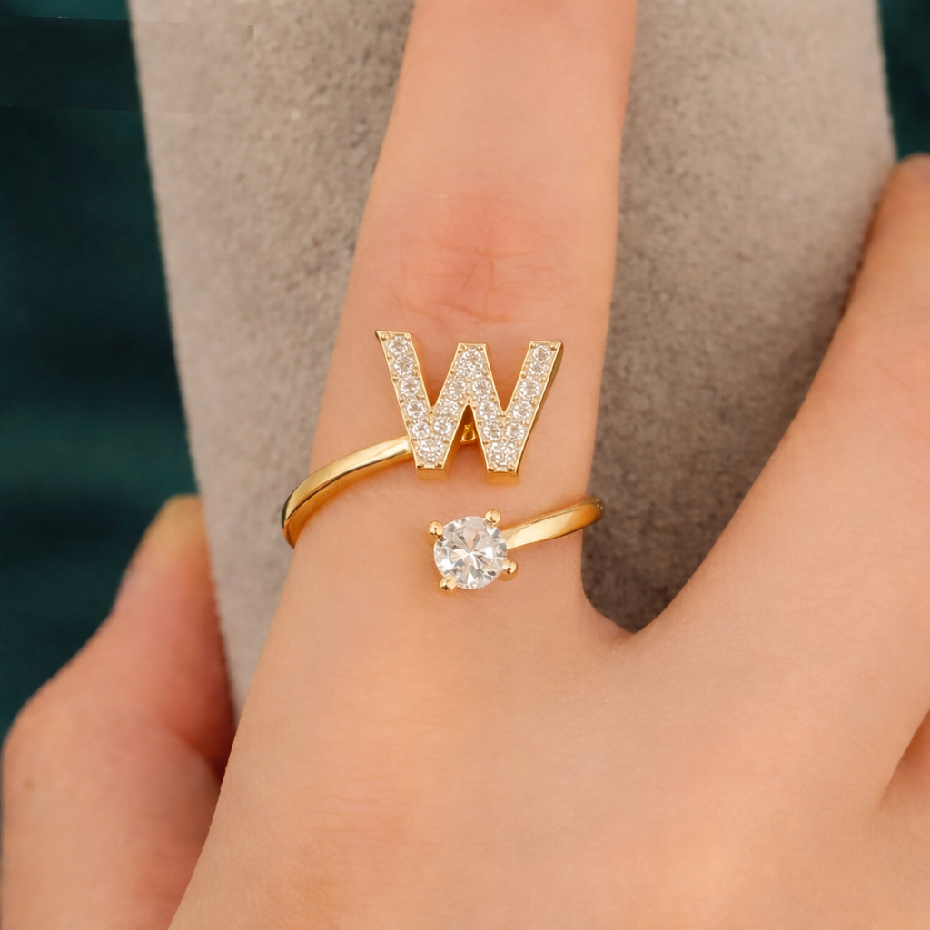 Premium Golden Alphabet Zircon Ring in Adjustable Size